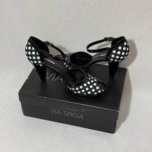 VIA SPIGA Black and White Polka Dot Platform High Heel Womens Size 9.5